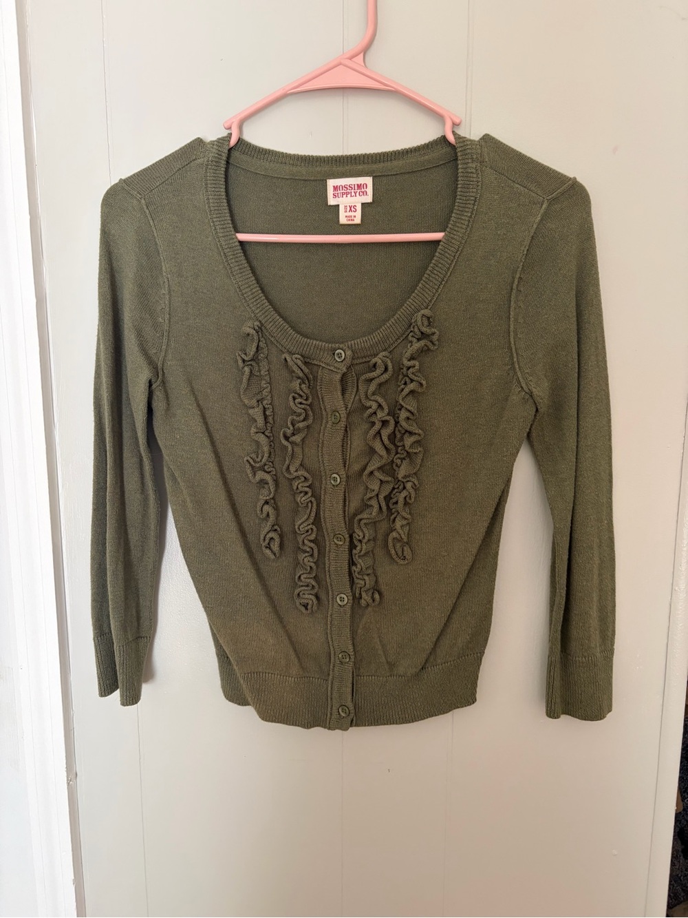Y2K Mossimo Supply Co. Olive Ruffle-Front Button Cardigan - Women